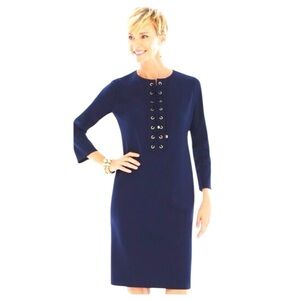 Chico’s Navy Blue Ponte Lace-Up Grommet Detail 3/4th Sleeve Dress. Size Small/6.
